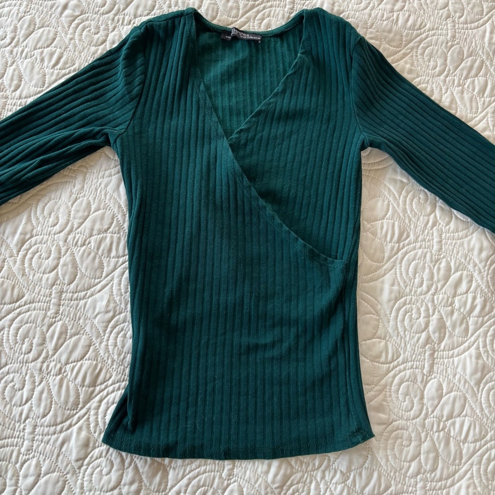 Bershka Forest Green Ribbed Wrap-Front Top - Picture 6 of 10